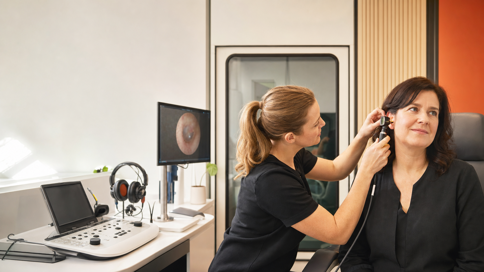 A hearing clinician performing a comprehensive ear and hearing assessment