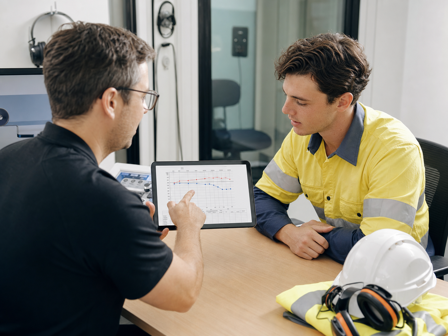 A hearing clinician explaining baseline hearing results to a job applicant