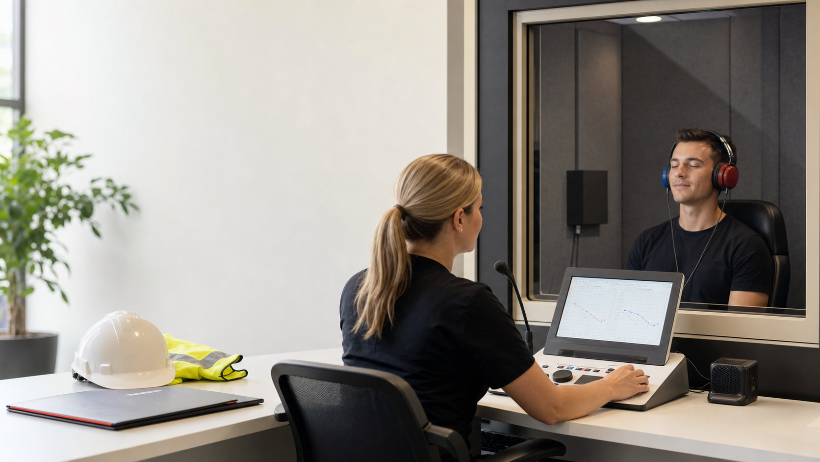 A job applicant completing a baseline pre-employment hearing test