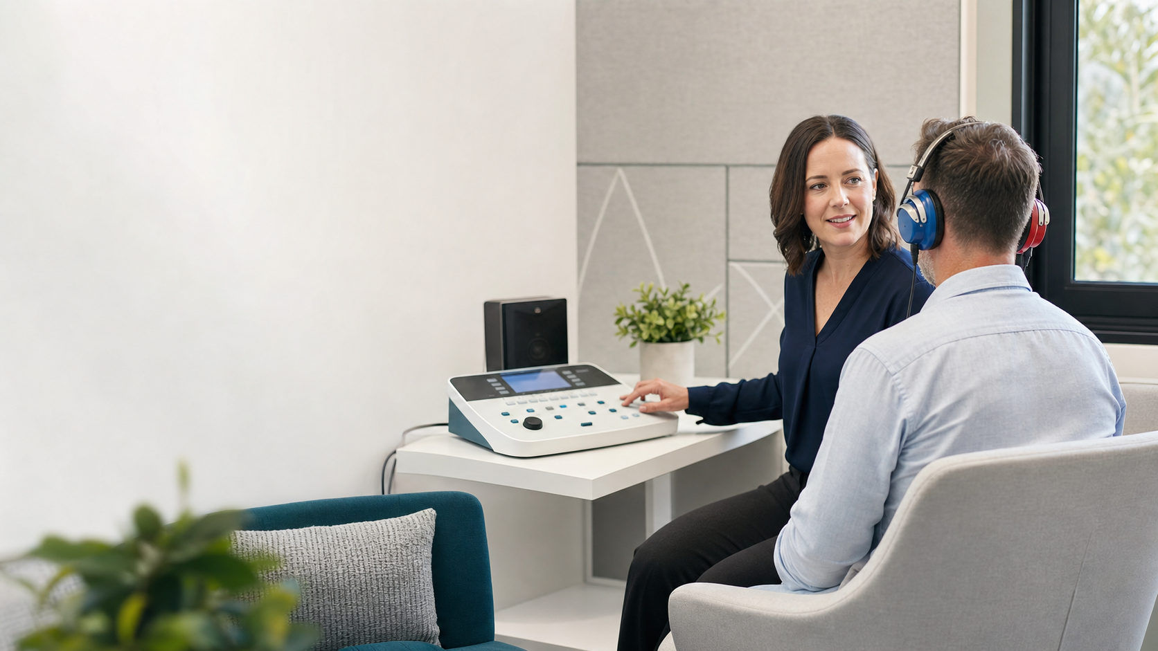 A hearing clinician conducting a pure tone audiometry assessment