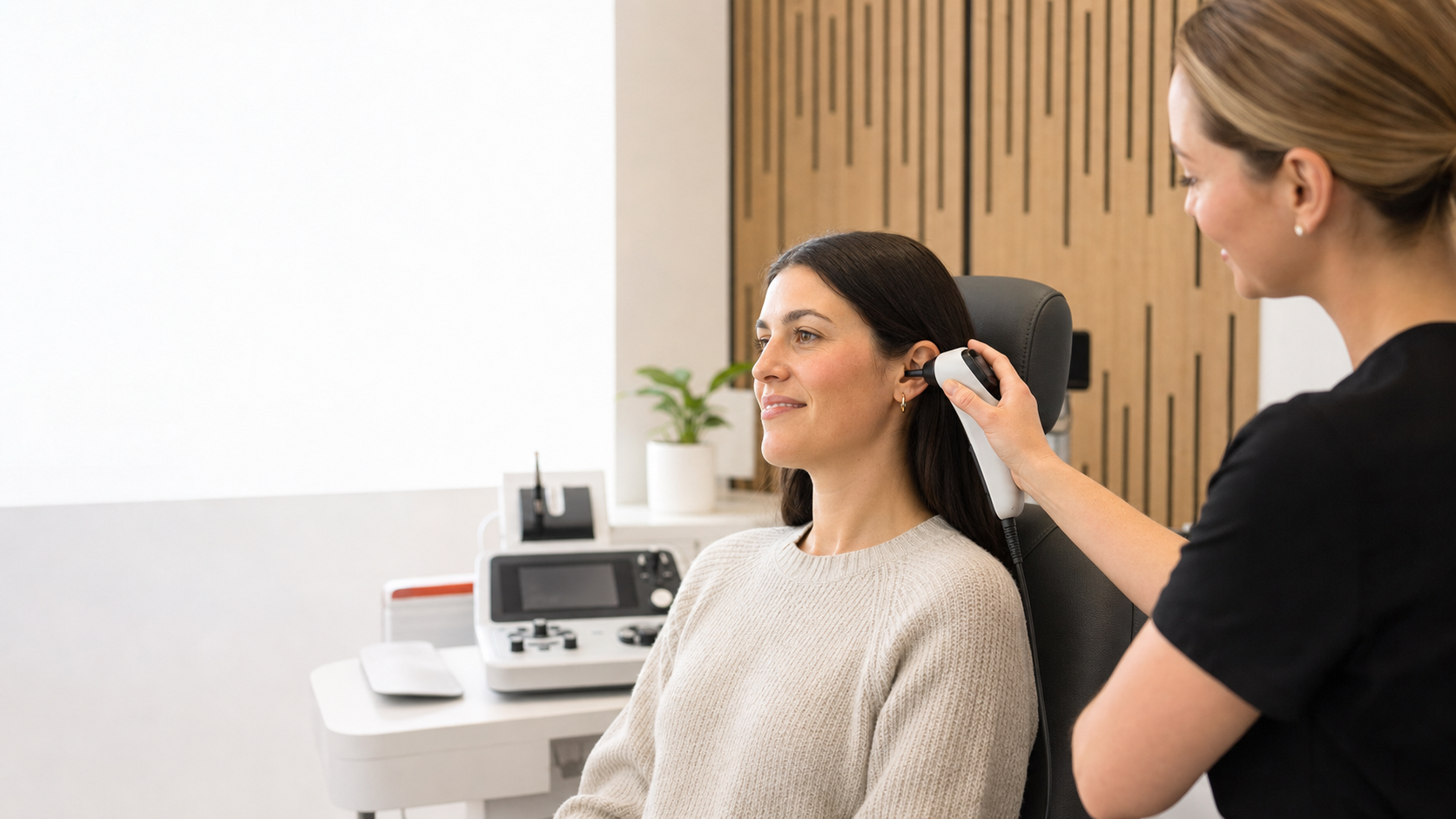 A hearing clinician conducting a speech audiometry assessment