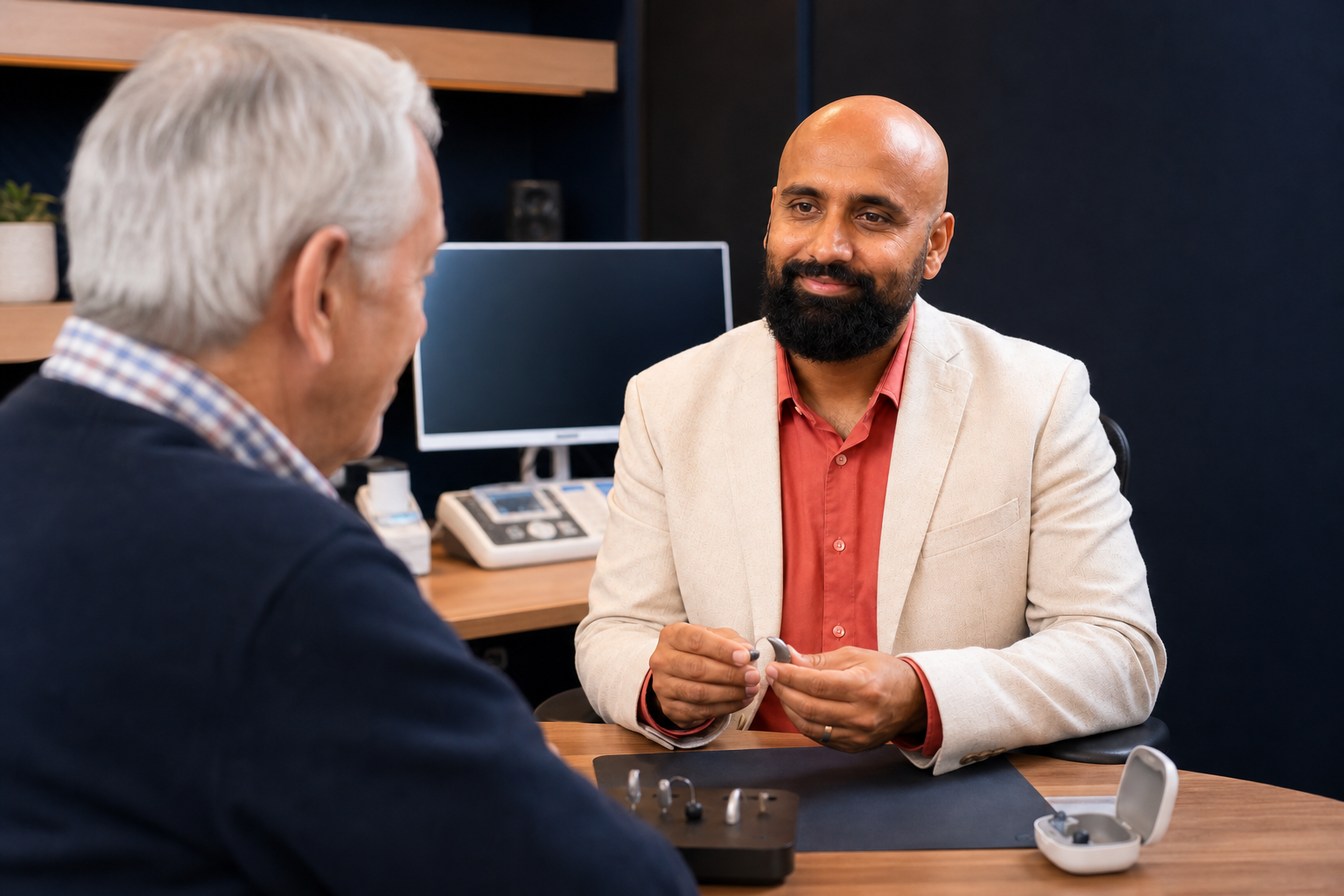 Audiologist discussing hearing options with a patient