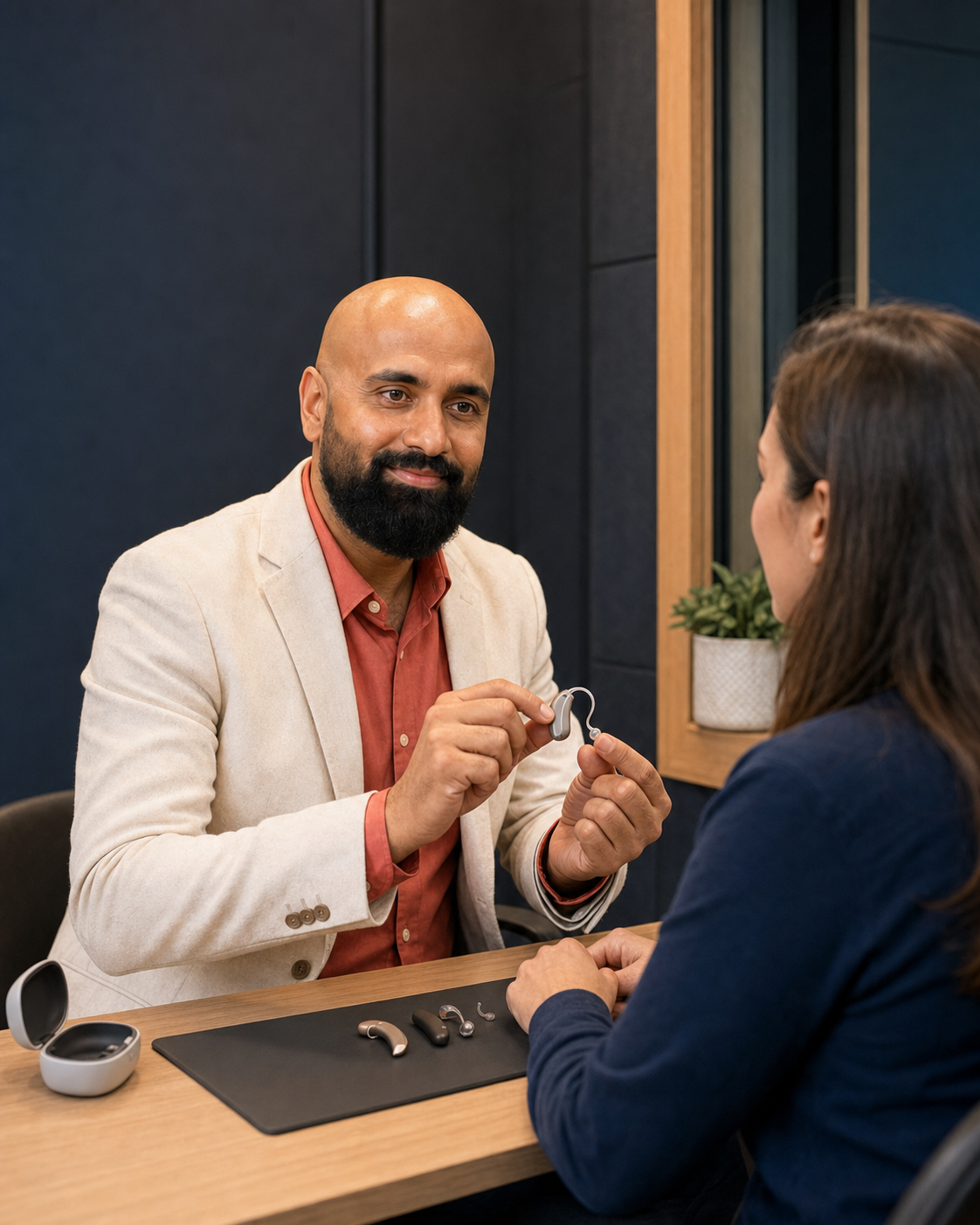 Audiologist explaining a hearing aid to a patient