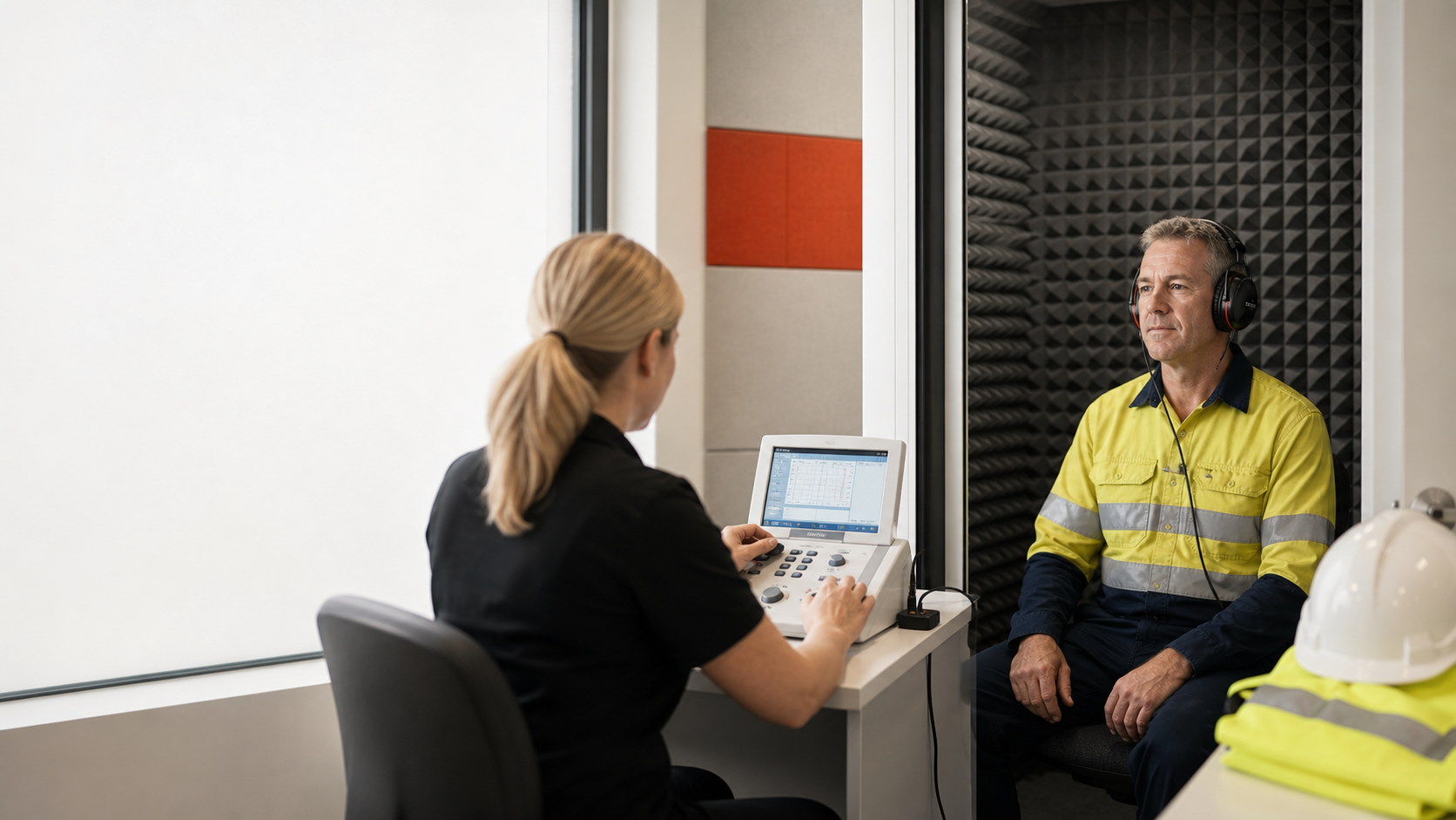 An industrial worker completing an occupational hearing assessment