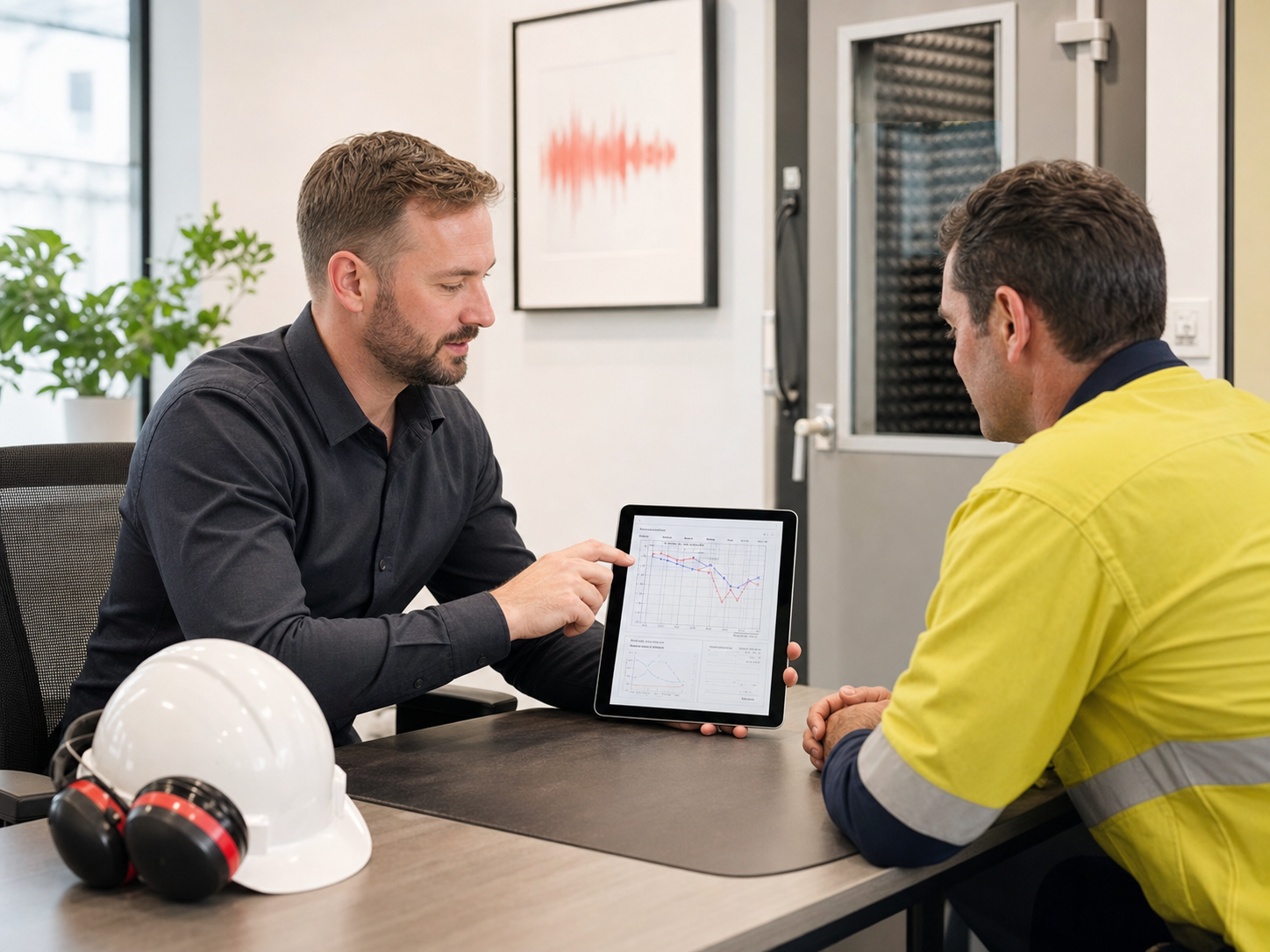 A hearing clinician explaining workplace hearing test results