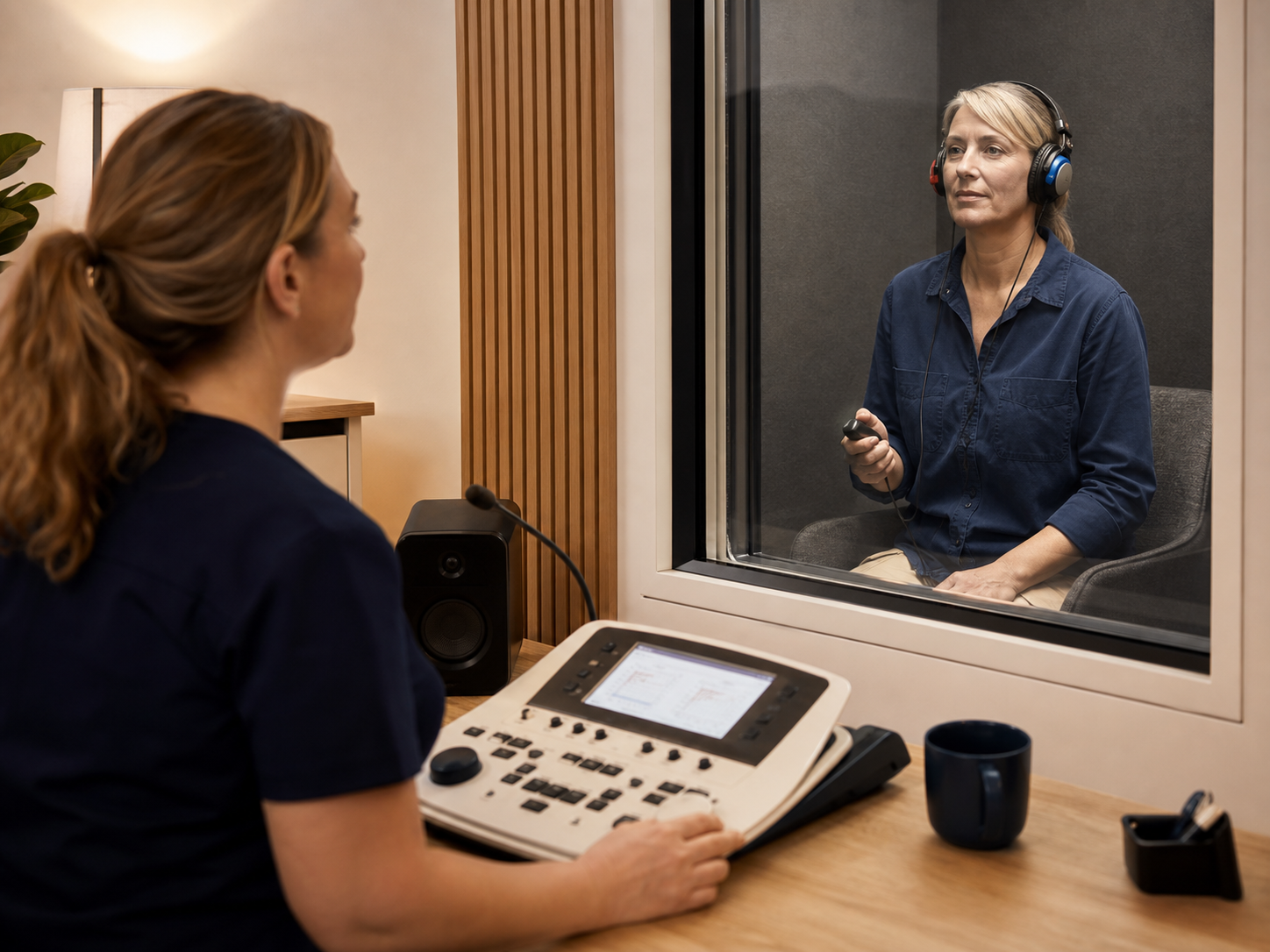 A mature worker completing diagnostic hearing testing in an acoustic booth