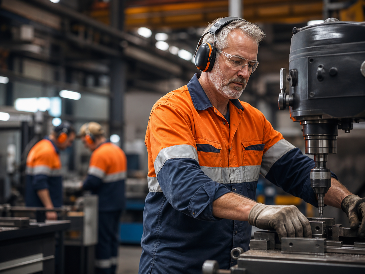 A tradesperson using hearing protection in a noisy industrial workplace
