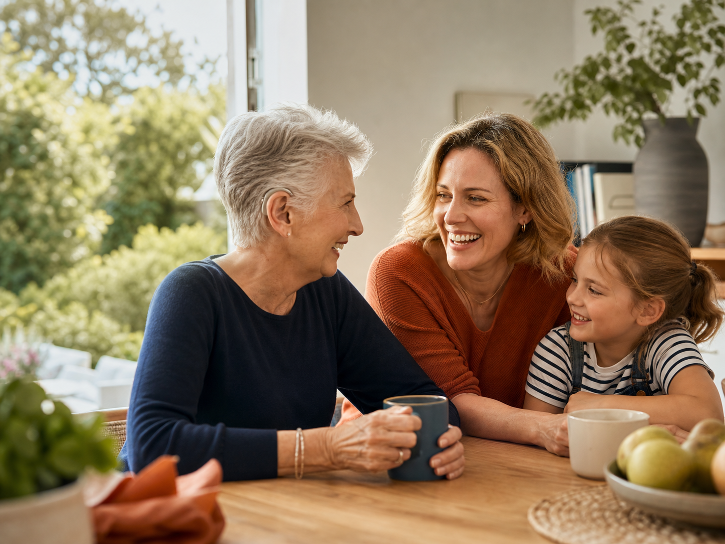 An older woman with a hearing aid enjoying time with family