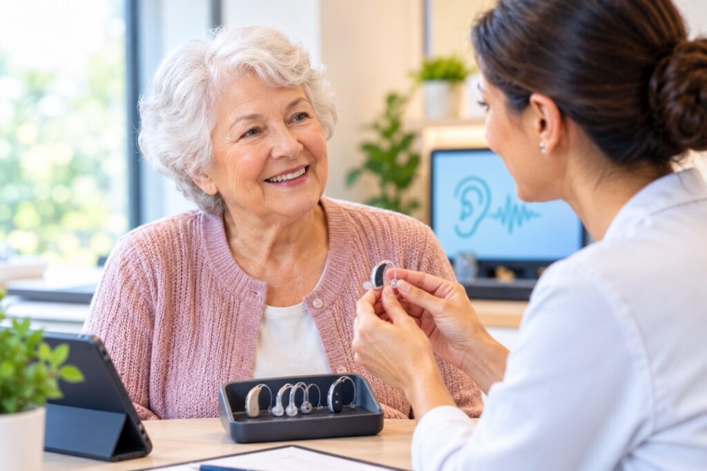 Audiologist showing a hearing aid to an older woman during a hearing care consultation.