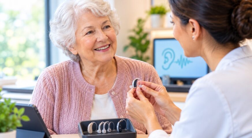 Audiologist showing a hearing aid to an older woman during a hearing care consultation.