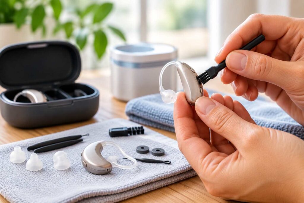 Hands cleaning a hearing aid with a brush as part of daily hearing aid maintenance