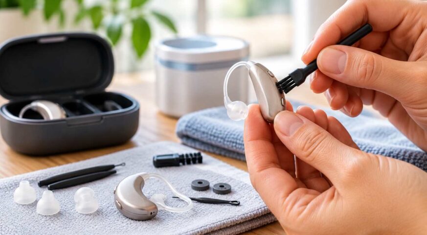 Hands cleaning a hearing aid with a brush as part of daily hearing aid maintenance