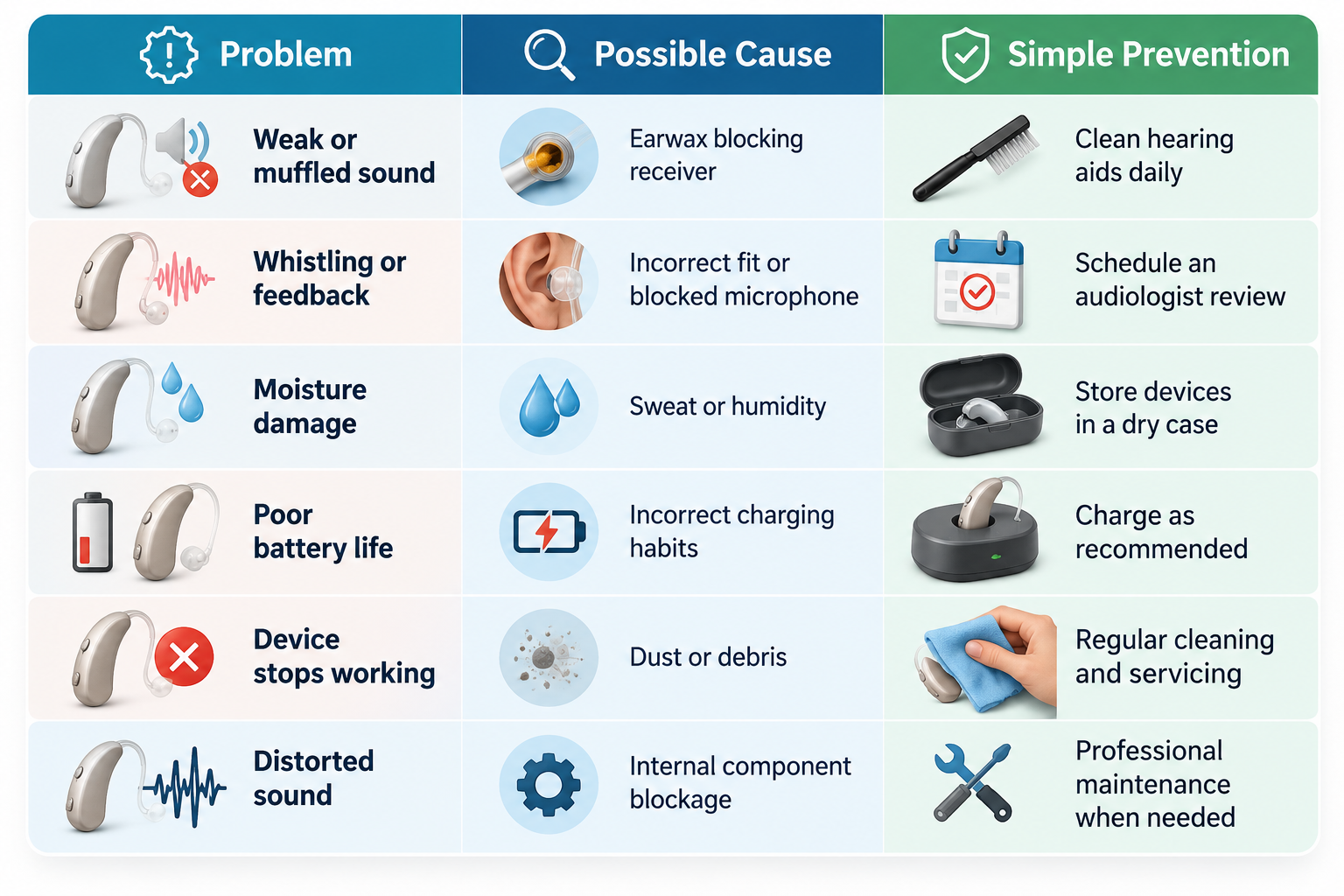 Hearing aid problems, possible causes and simple prevention tips infographic