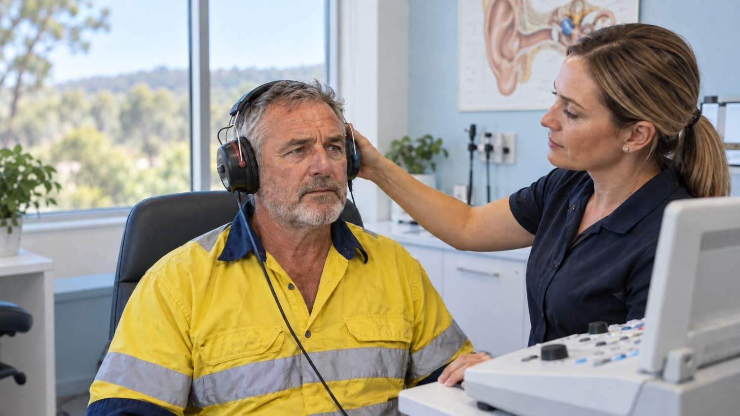 Industrial worker undergoing a professional hearing assessment for work-related hearing loss in NSW.