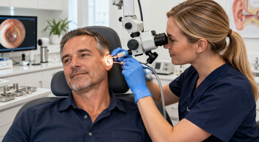 Middle-aged patient receiving professional ear examination and ear wax removal from an audiologist