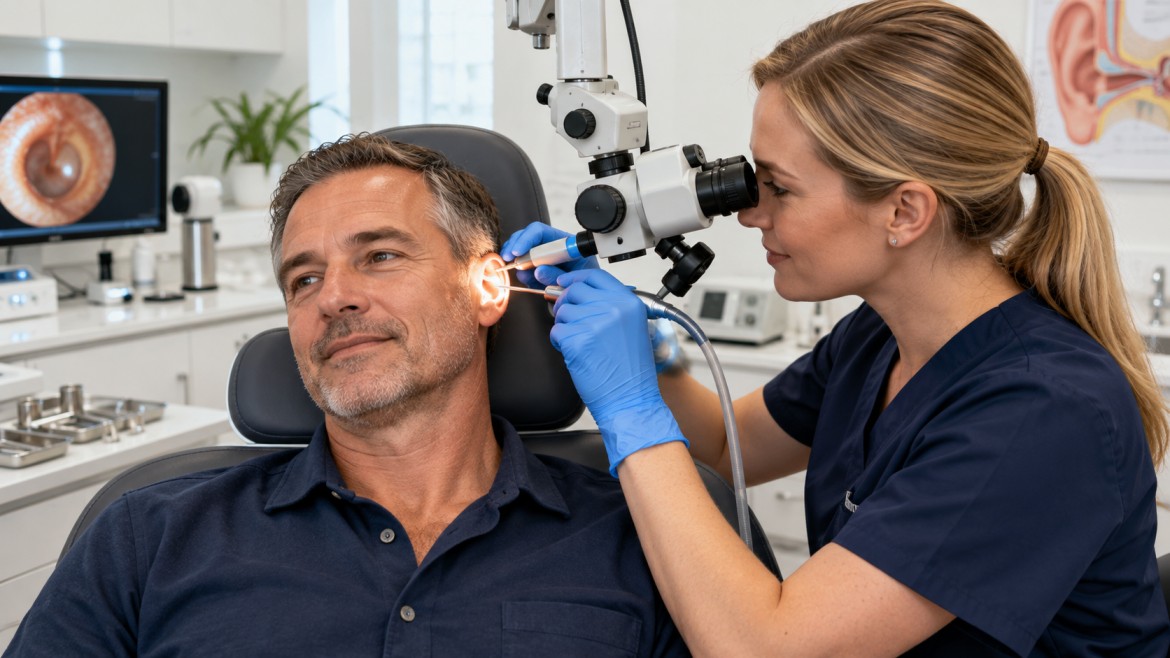 Middle-aged patient receiving professional ear examination and ear wax removal from an audiologist