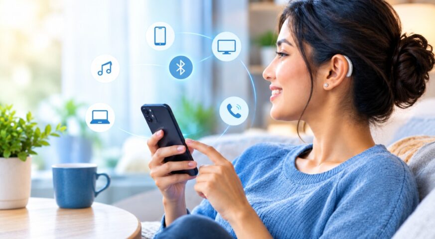 Woman using a smartphone while wearing a Bluetooth-enabled hearing aid, with connected device icons representing digital hearing aid connectivity.