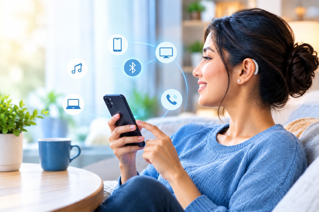 Woman using a smartphone while wearing a Bluetooth-enabled hearing aid, with connected device icons representing digital hearing aid connectivity.