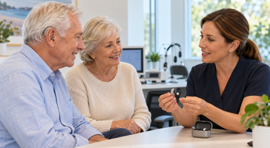 Audiologist discussing hearing aids with an older couple in NSW