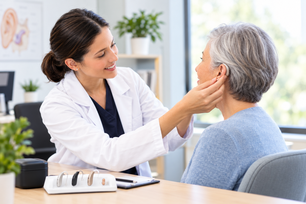 Audiologist professionally fitting a hearing aid for an older adult