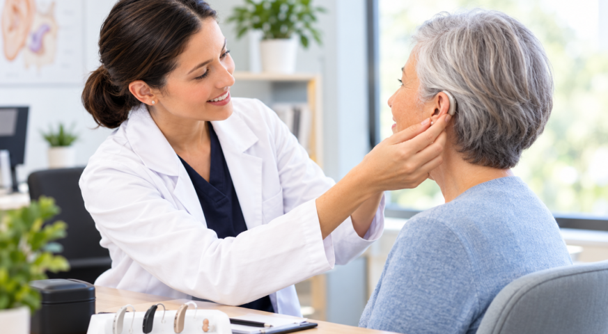 Audiologist professionally fitting a hearing aid for an older adult