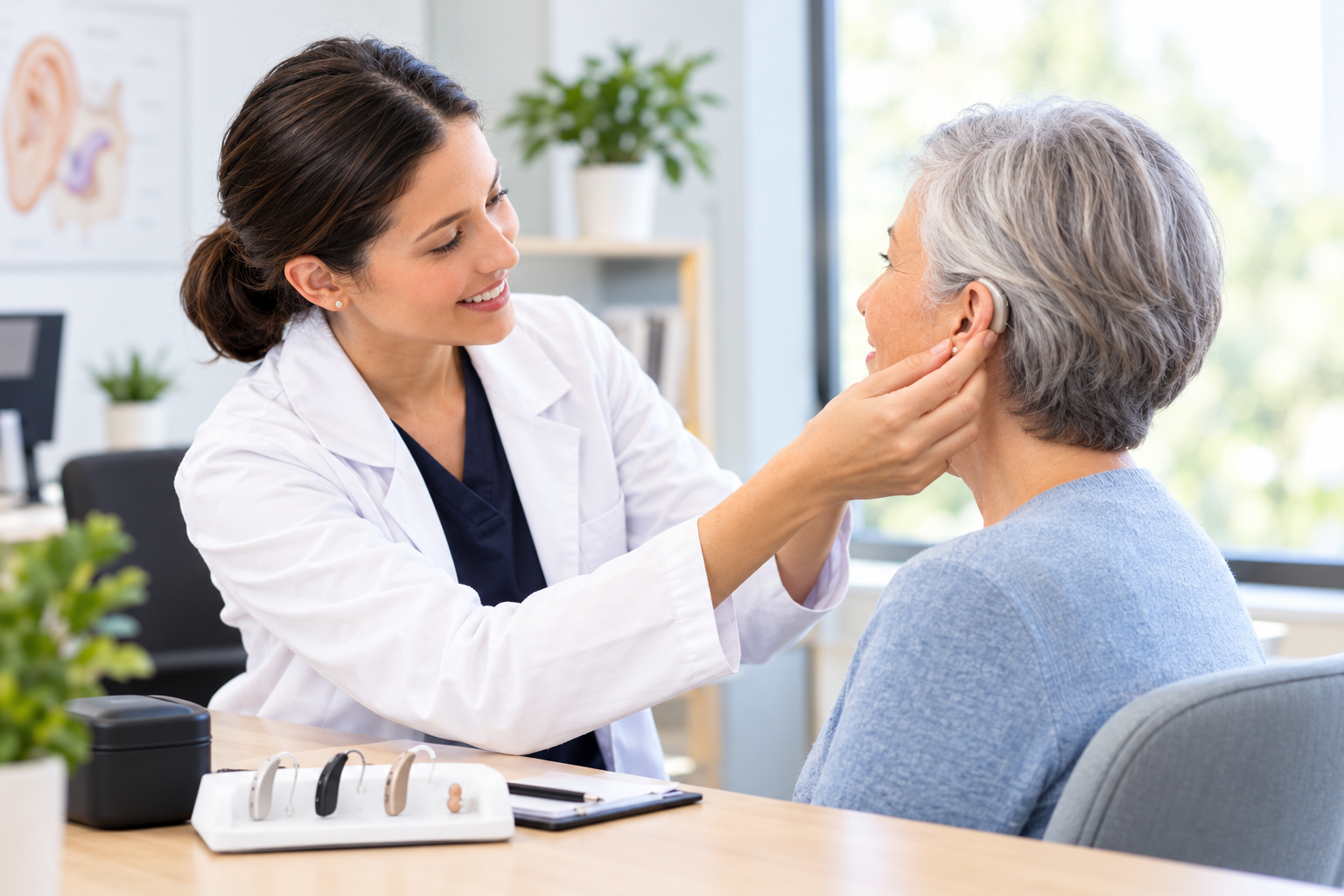 Audiologist professionally fitting a hearing aid for an older adult