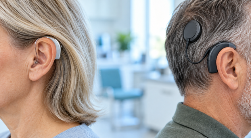 Hearing aids vs hearing implants showing different hearing devices worn by two adults