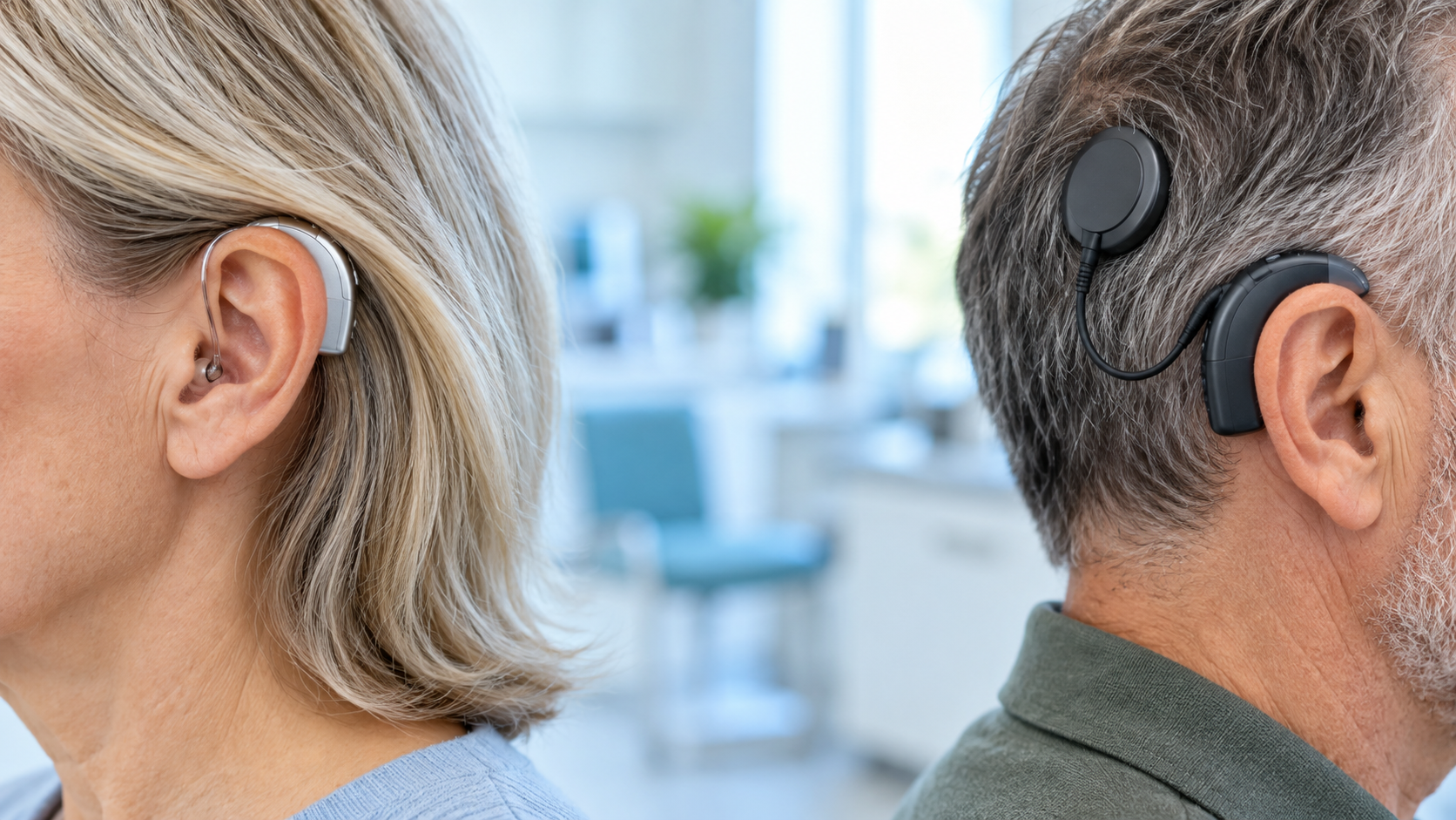 Hearing aids vs hearing implants showing different hearing devices worn by two adults