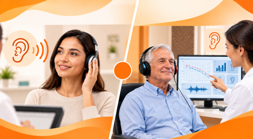 Hearing screening vs hearing test comparison image showing the difference between a basic screening and a full hearing assessment.