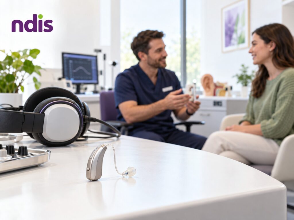Hearing specialist discussing hearing aids and hearing care with a patient in a modern hearing clinic