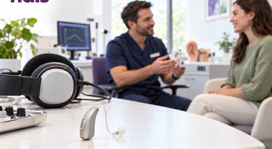 Hearing specialist discussing hearing aids and hearing care with a patient in a modern hearing clinic