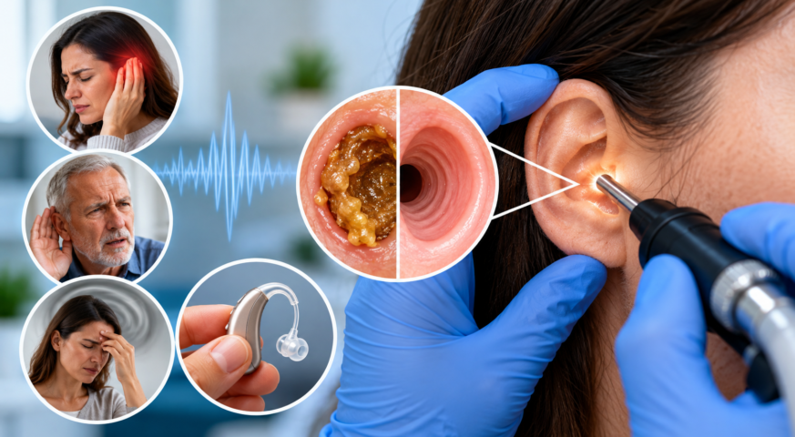 Micro suction ear wax removal signs, including blocked ears, hearing difficulties and ear wax buildup