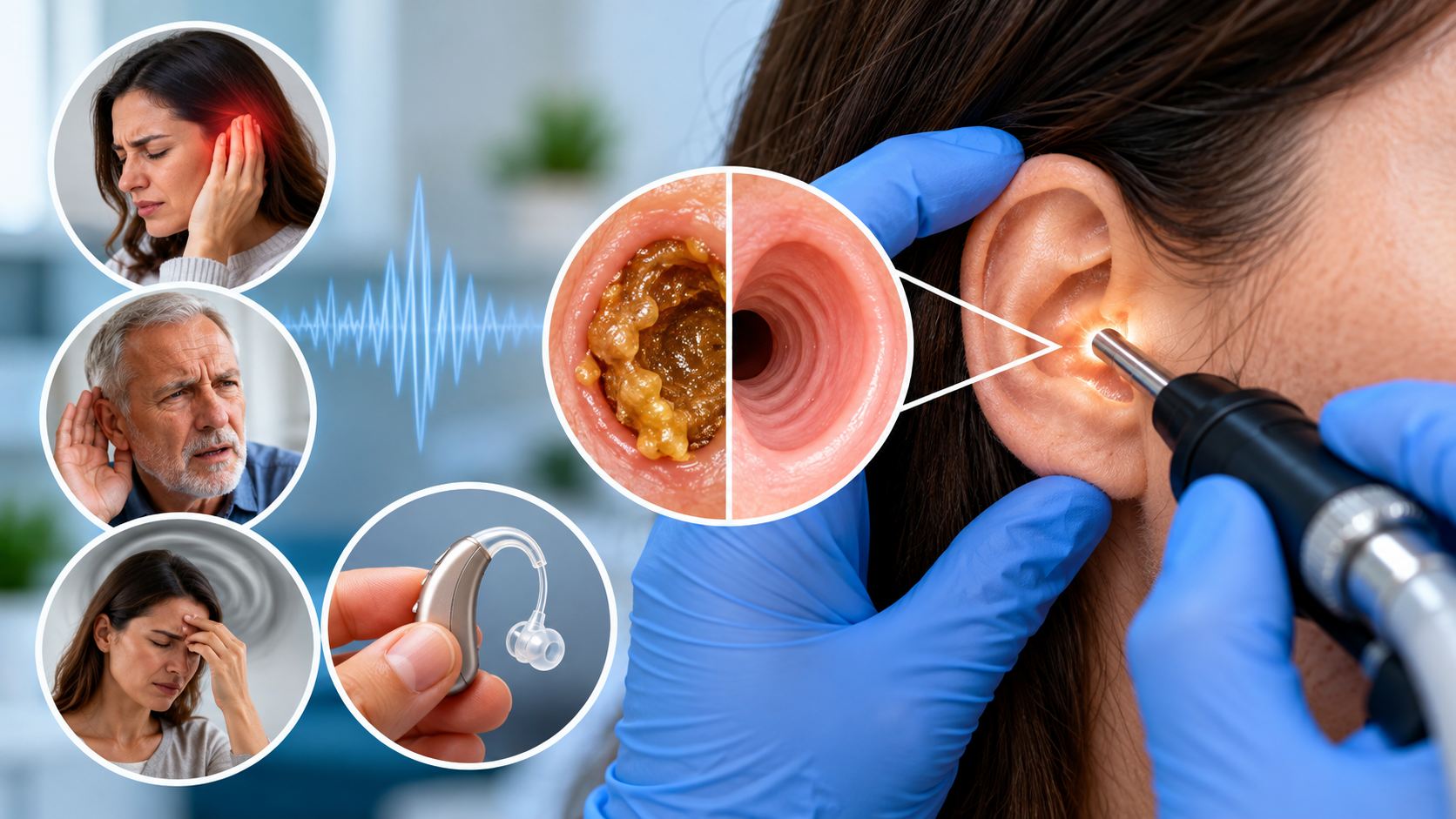 Micro suction ear wax removal signs, including blocked ears, hearing difficulties and ear wax buildup