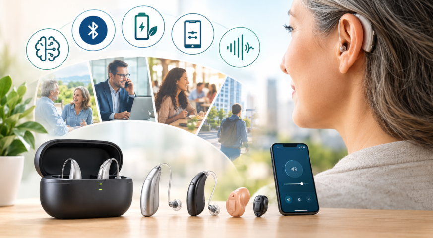 Modern hearing aids with a charging case and smartphone app alongside a woman wearing a discreet hearing aid.
