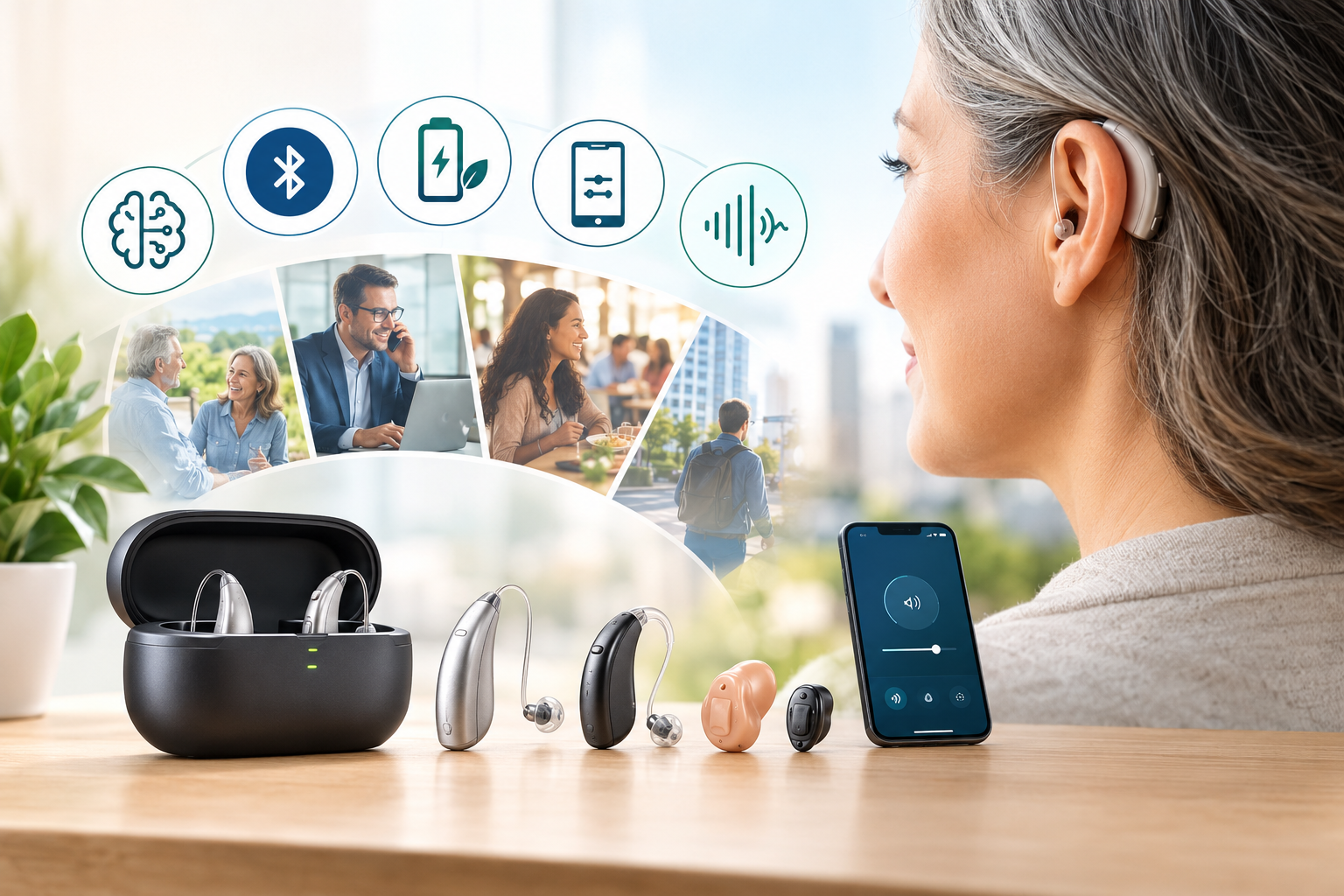 Modern hearing aids with a charging case and smartphone app alongside a woman wearing a discreet hearing aid.