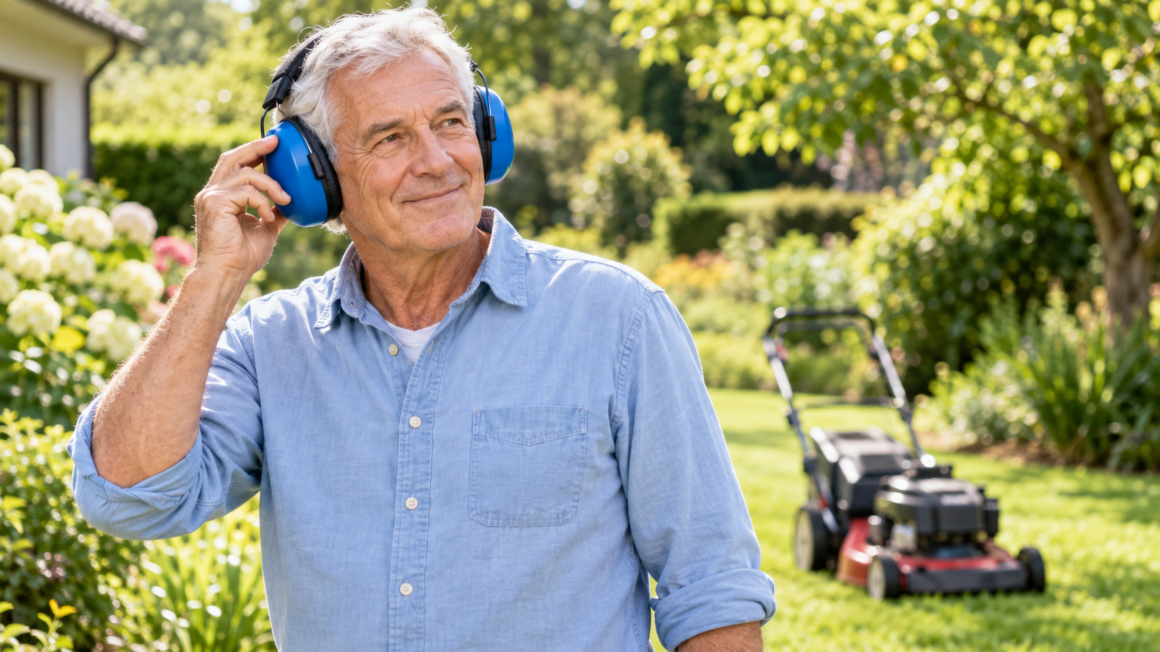 Older adult wearing hearing protection to prevent hearing damage from loud noise