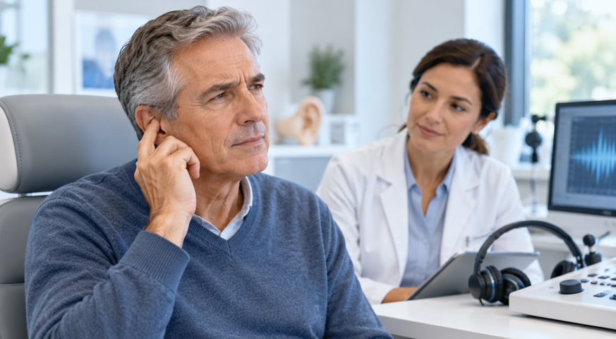 Older man touching his ear while consulting an audiologist about blocked ear symptoms and hearing difficulties at a hearing clinic.