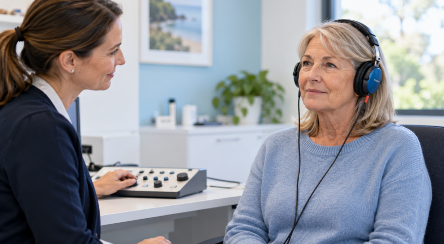 Older woman wearing audiometry headphones during a hearing assessment with an audiologist.
