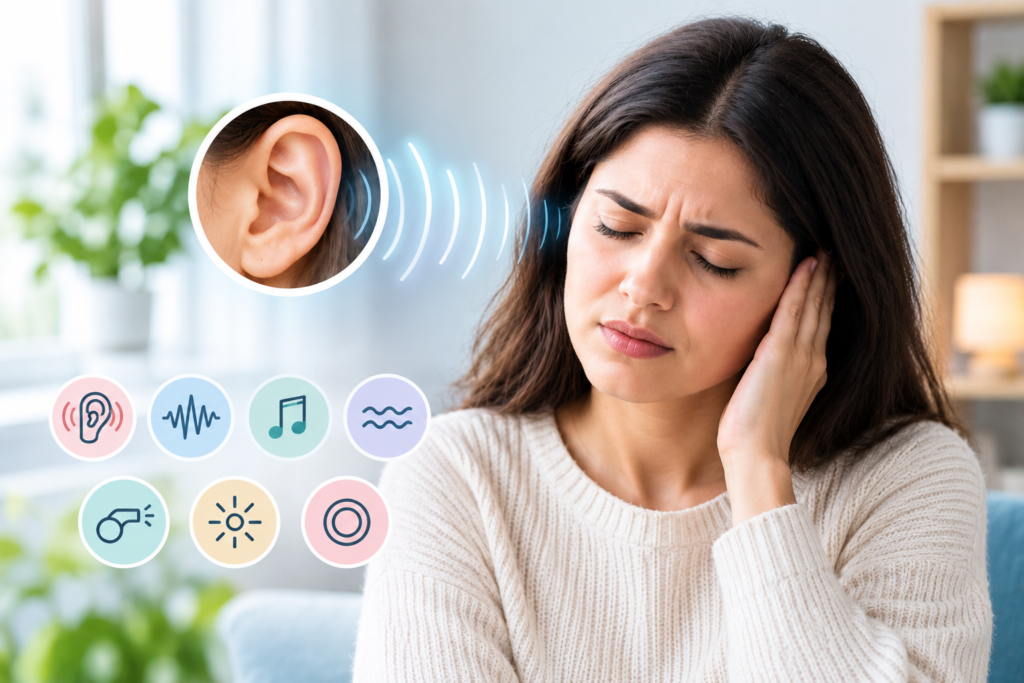 Woman experiencing ringing in the ear with sound waves illustrating tinnitus