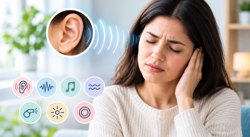 Woman experiencing ringing in the ear with sound waves illustrating tinnitus