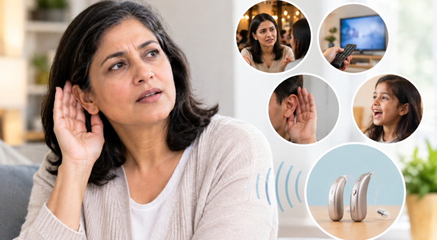 Woman showing signs of hearing loss with hearing aids pictured beside her