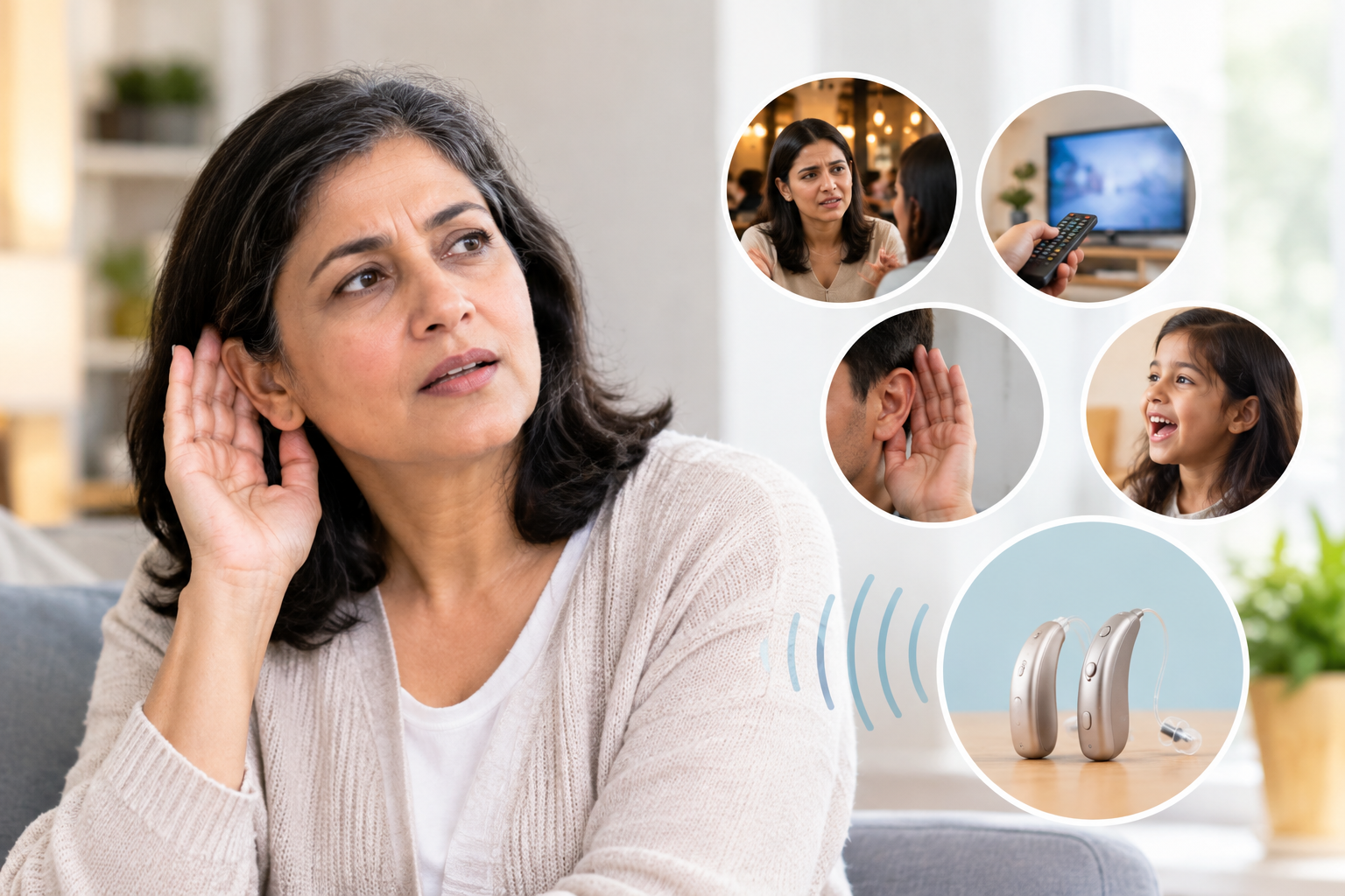 Woman showing signs of hearing loss with hearing aids pictured beside her