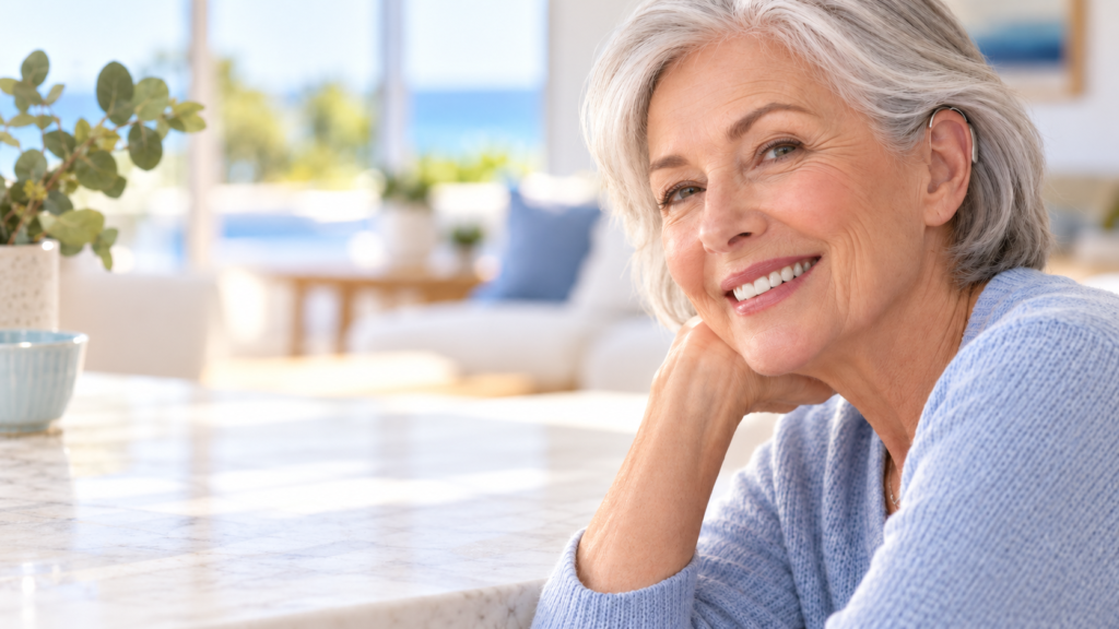 Smiling senior woman wearing a discreet behind-the-ear hearing aid at home.