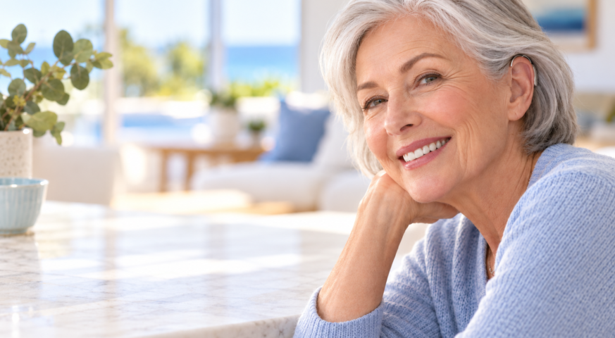 Smiling senior woman wearing a discreet behind-the-ear hearing aid at home.