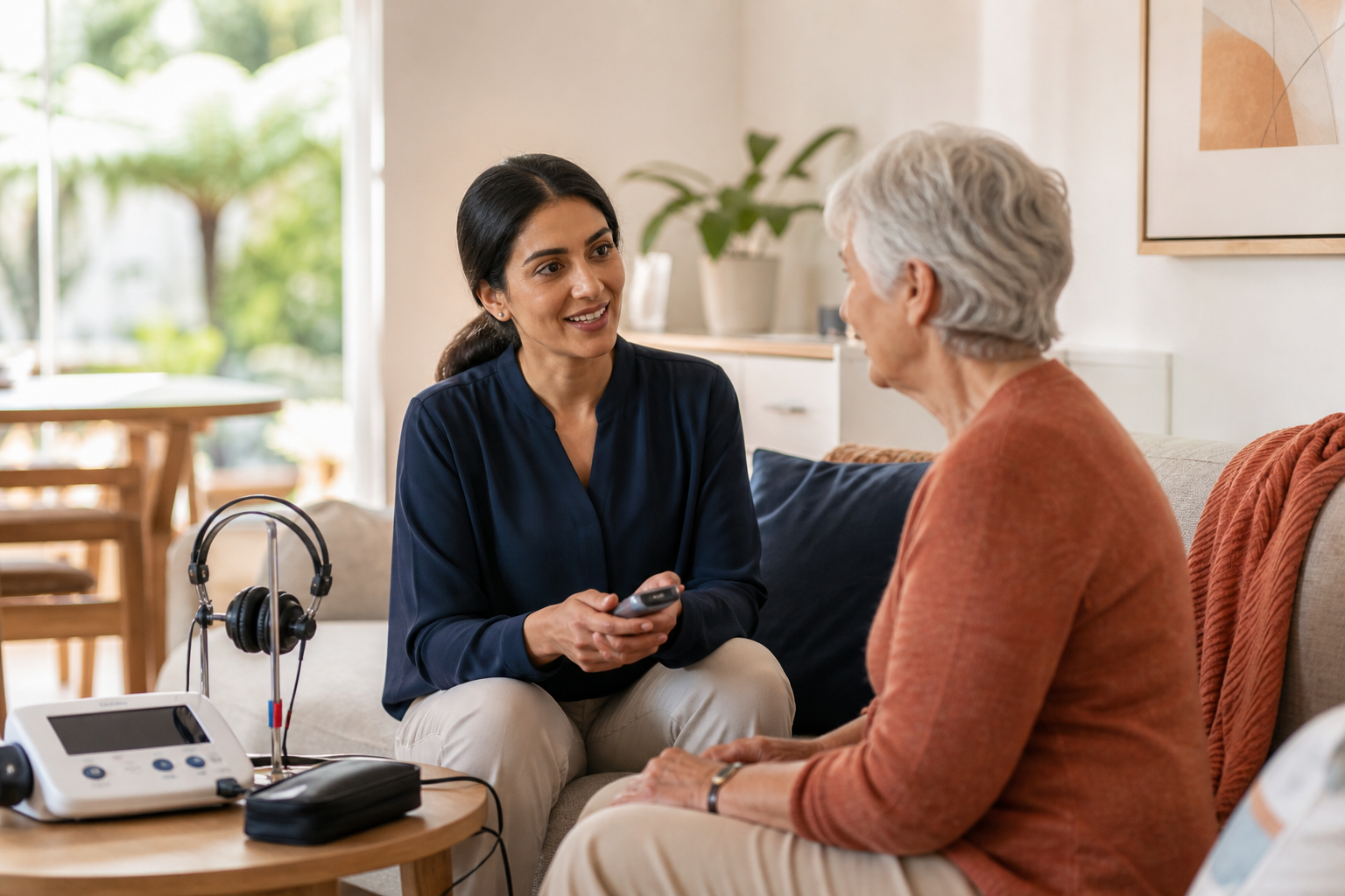 Audiologist providing hearing care during a home visit