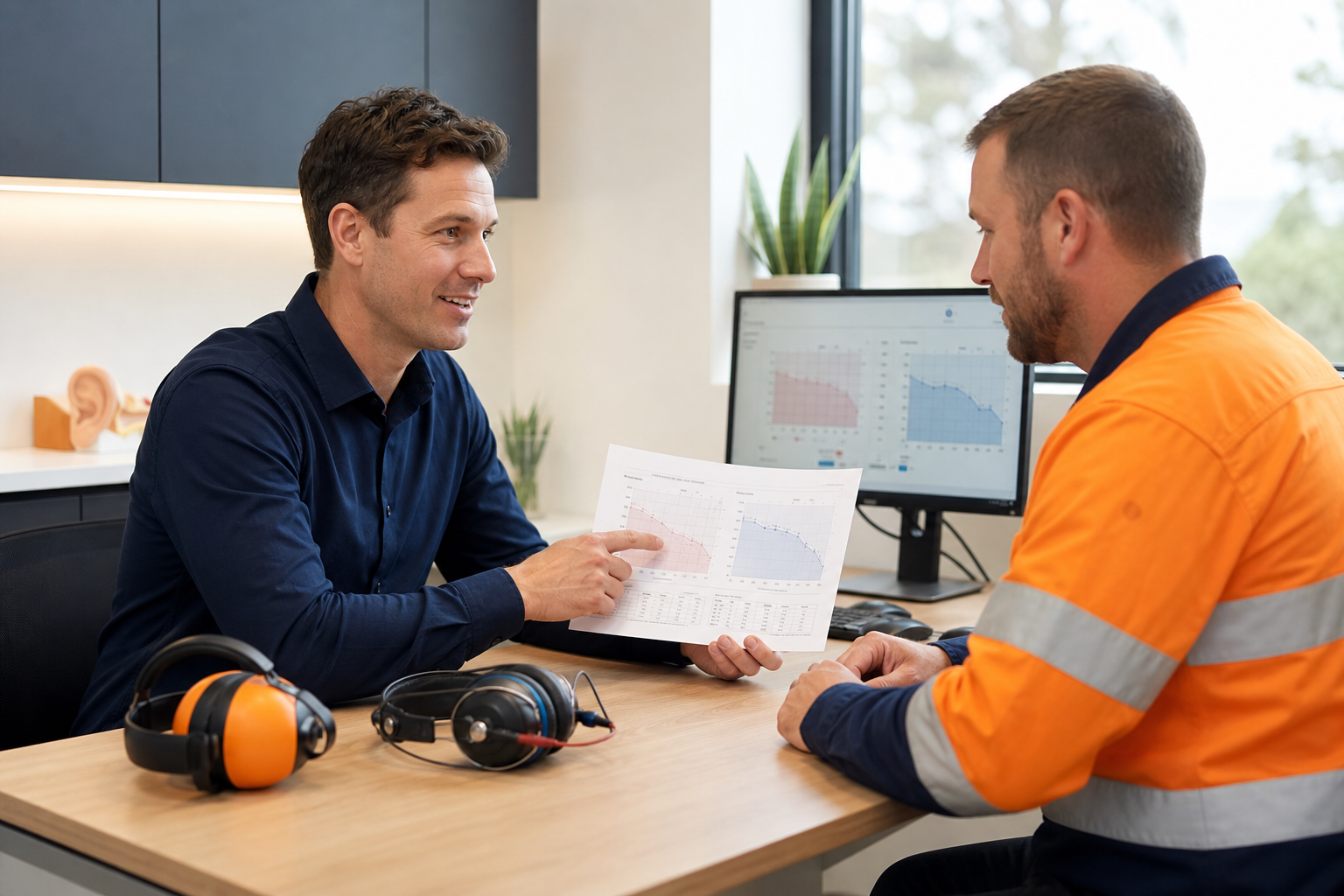 Audiologist discussing work-related hearing test results
